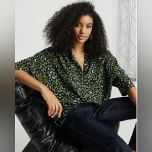 ASOS Design shirt oversize animal print 3/4 long sleeve green black sz 6